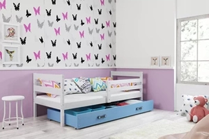 Lit ado simple Éric 90X200 avec matelas et tiroir, blanc/bleu