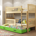 Lit ado superposé 3 places Jacquot 90X200 avec matelas et tiroir, pin/vert