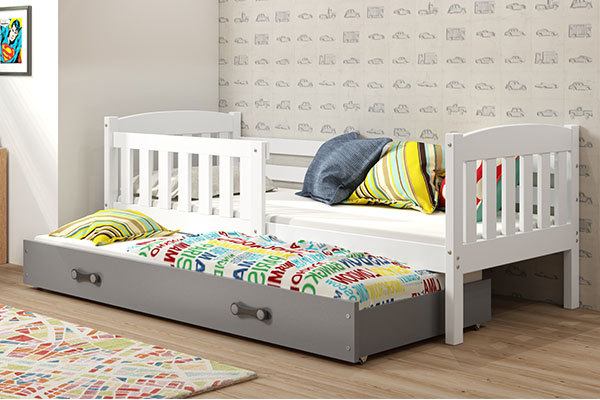 Lit ado gigogne Jacquot 90X200 avec matelas et tiroir, blanc/gris