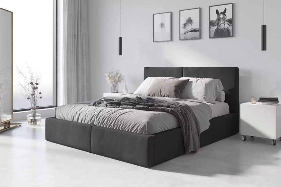 Lit double rembourré Le Hilton 140X200 avec matelas et coffre, graphite