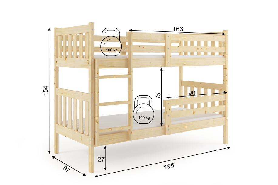 Lit ado superposé Gaspard 90X190 avec matelas, bois naturel