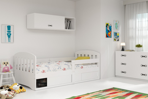Lit enfant simple Classique 80X160 avec matelas et rangement, blanc