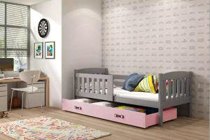 Lit ado simple Jacquot 90X190 avec matelas et tiroir, gris/rose