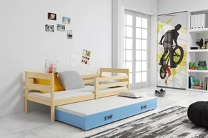Lit ado gigogne Éric 90X200 avec matelas et tiroir, pin/bleu