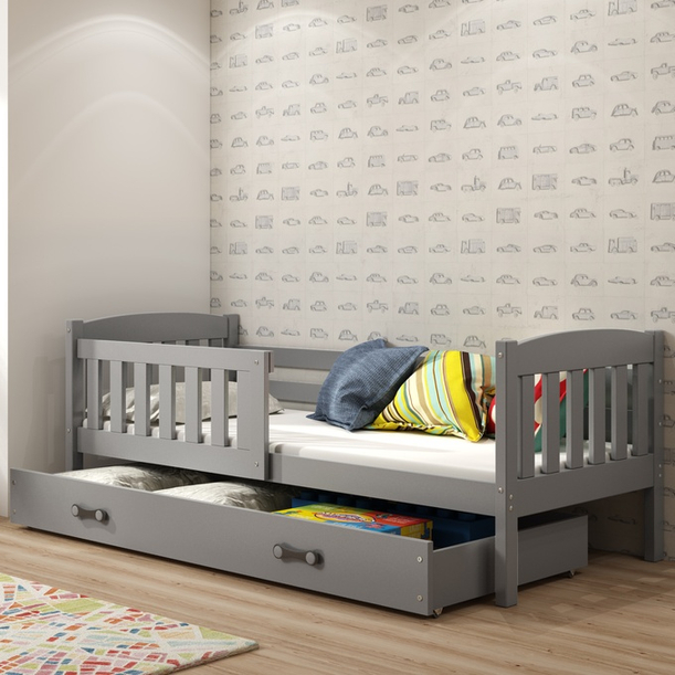 Lit ado simple Jacquot 90X200 avec matelas et tiroir, gris