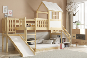 Lit mezzanine cabane avec toboggan, toit et escaliers – mezzanine en bois naturel 90x200