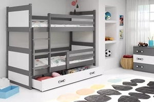 Lit ado superposé Rico 90X200 avec matelas et tiroir, gris/blanc