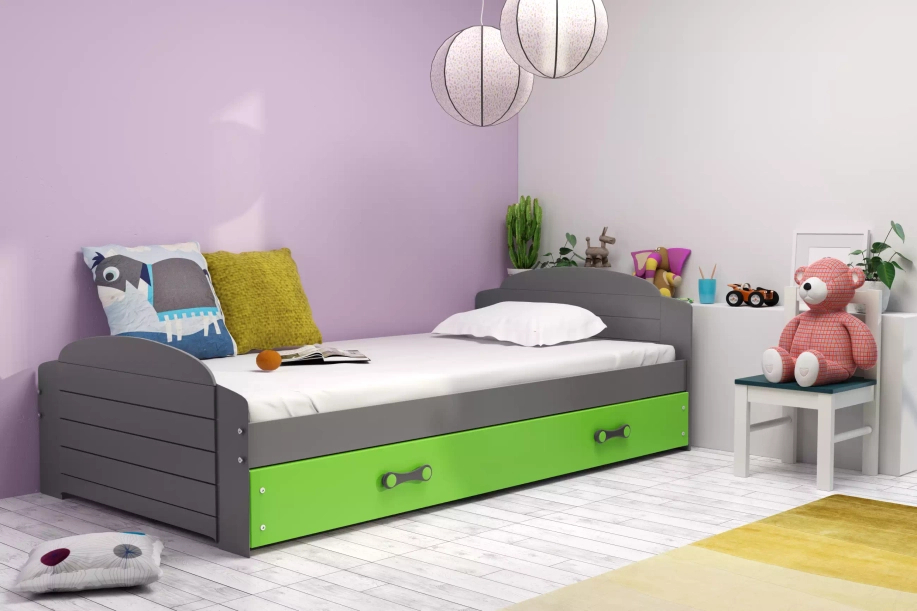 Lit ado simple Lili 90X200 avec matelas et tiroir, gris/vert