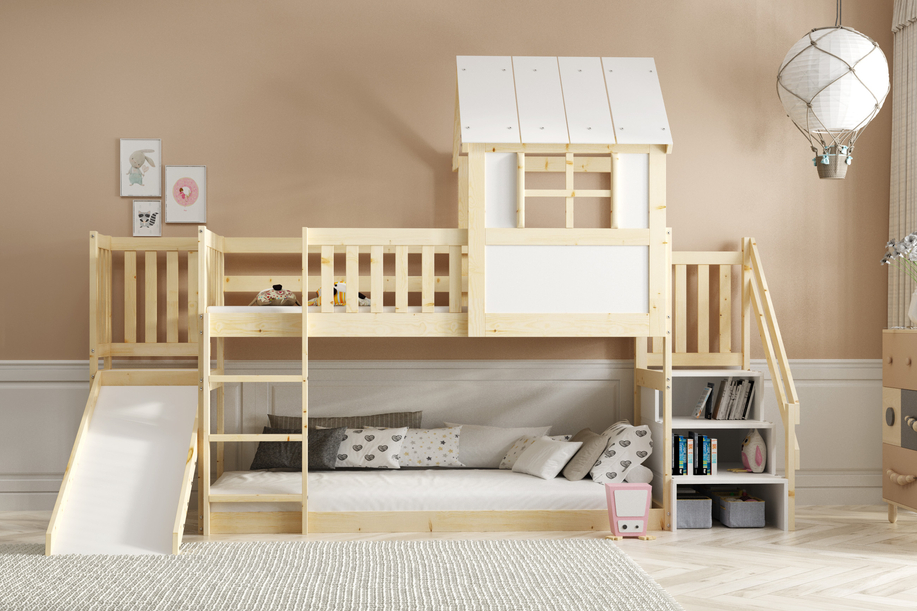 Lit mezzanine cabane avec toboggan, toit et escaliers – mezzanine en bois naturel 90x200