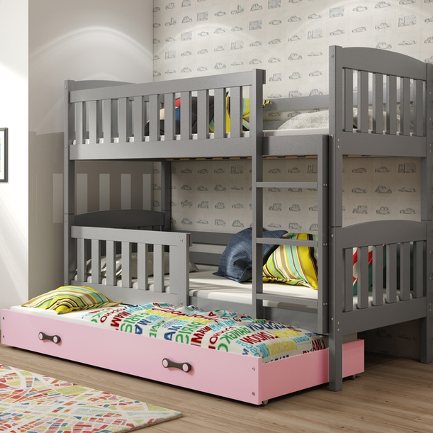 Lit ado superposé 3 places Jacquot 90X190 avec matelas et tiroir, gris/rose