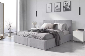Lit double rembourré Le Hilton 160X200 avec matelas et coffre, gris clair