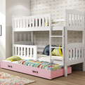 LIT ADOLESCENT SUPERPOSÉ 3 PLACES KUBUS LE CADRE EN BLANC LE TIROIR EN ROSE SANS MATELAS 90 X 200