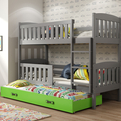 Lit ado superposé 3 places Jacquot 90X190 avec matelas et tiroir, gris/vert