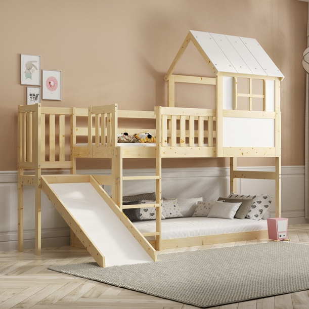 Lit mezzanine avec toboggan – cabane en bois naturel 90x200