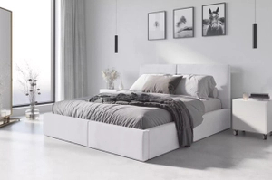 Lit double rembourré Le Hilton 160X200 avec matelas et coffre, blanc