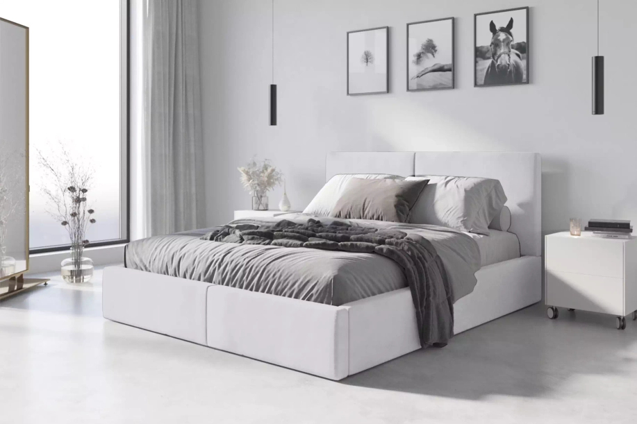 Lit double rembourré Le Hilton 140X200 avec matelas et coffre, blanc