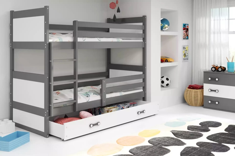 Lit ado superposé Rico 90X190 avec matelas et tiroir, gris/blanc