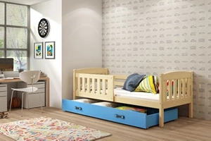 Lit enfant simple Jacquot 80X160 avec matelas et tiroir, pin/bleu