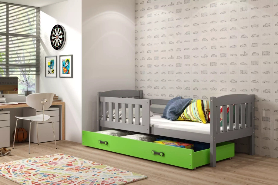 Lit enfant simple Jacquot 80X160 avec matelas et tiroir, gris/vert