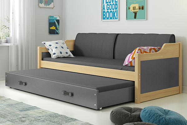 Lit ado gigogne David 90X200 avec matelas et tiroir, pin/gris