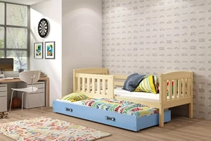 Lit ado gigogne Jacquot 90X200 avec matelas et tiroir, pin/bleu