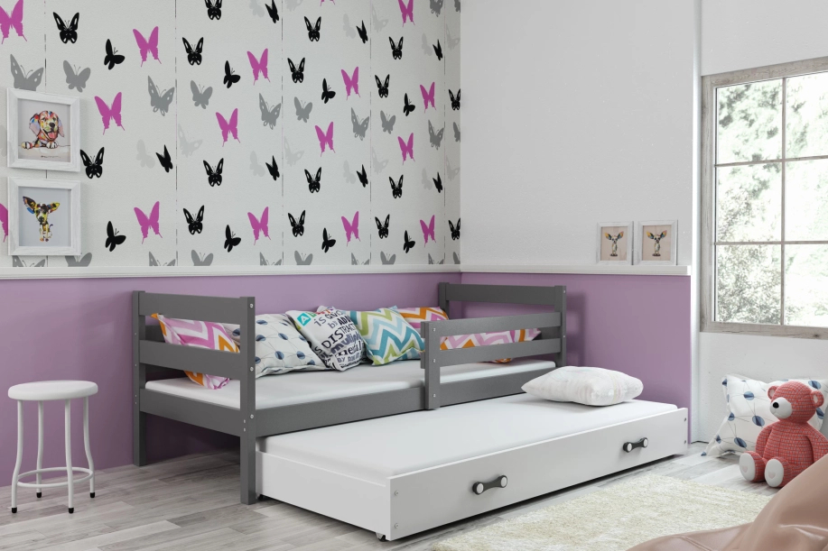 Lit ado gigogne Éric 80X190 avec matelas et tiroir, gris/blanc