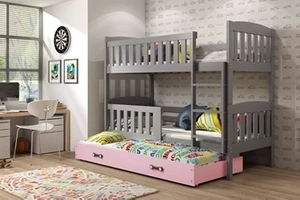 Lit ado superposé 3 places Jacquot 90X190 avec matelas et tiroir, gris/rose
