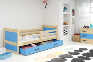 Lit ado simple Rico 80X190 avec matelas et tiroir, pin/bleu
