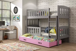 LIT ADOLESCENT SUPERPOSÉ 3 PLACES KUBUS LE CADRE EN GRIS LE TIROIR EN ROSE SANS MATELAS 90 X 200