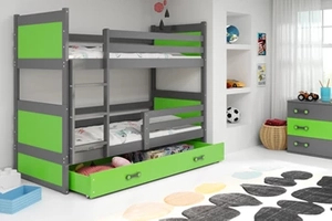Lit ado superposé Rico 90X200 avec matelas et tiroir, gris/vert