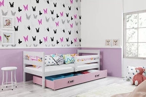 Lit ado simple Éric 80X190 avec matelas et tiroir, blanc/rose