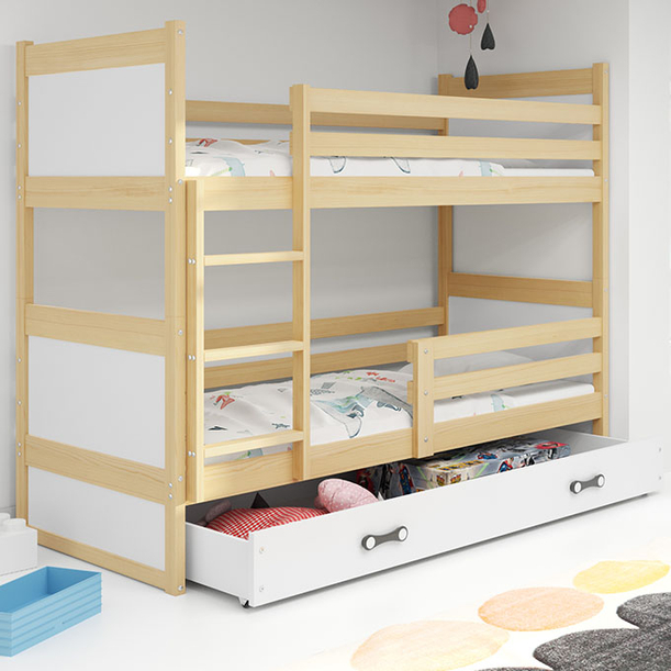 Lit ado superposé Rico 90X200 avec matelas et tiroir, pin/blanc
