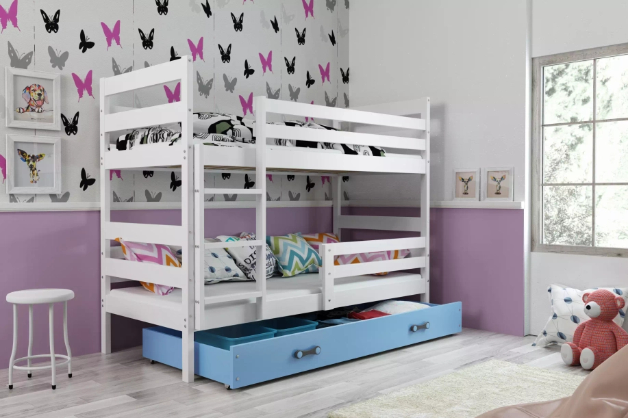 Lit ado superposé Éric 90X200 avec matelas et tiroir, blanc/bleu