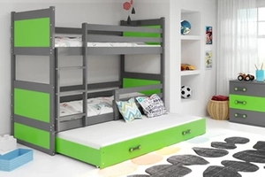 Lit ado superposé 3 places Rico 90X200 avec matelas et tiroir, gris/vert