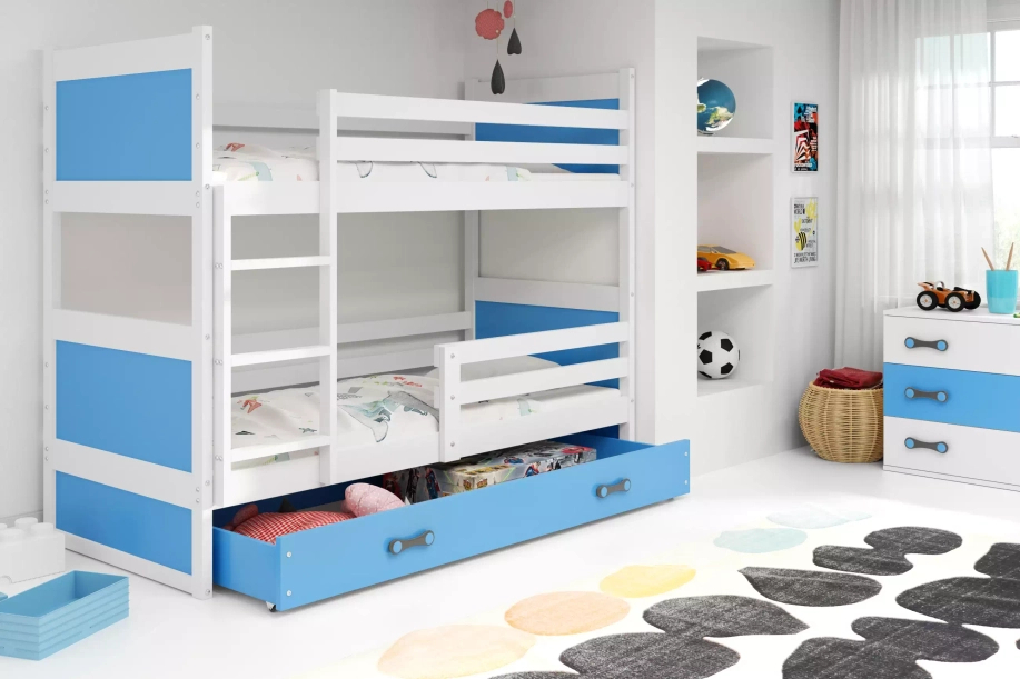LIT ADOLESCENT SUPERPOSÉ RICO LE CADRE EN BLANC LES PANNEAUX BLEUS LE TIROIR EN BLEU SANS MATELAS 90 X 200
