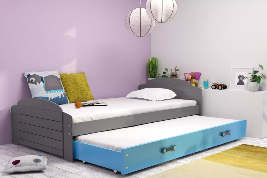 Lit ado gigogne Lili 90X200 avec matelas et tiroir, gris/bleu
