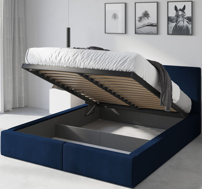 Lit double rembourré Le Hilton 160X200 avec coffre, bleu