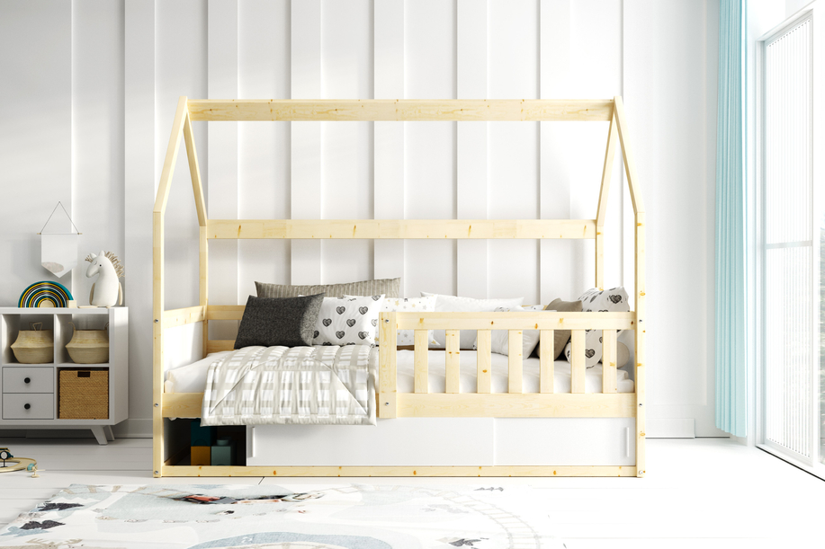 Lit enfant simple Smart 2 Cabane 80X160 avec rangement, bois naturel