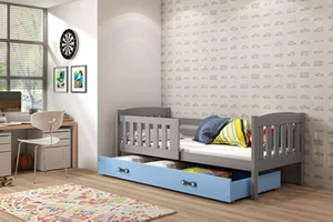 Lit ado simple Jacquot 80X190 avec matelas et tiroir, gris/bleu
