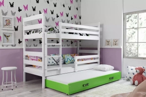 Lit ado superposé 3 places Éric 90X200 avec matelas et tiroir, blanc/vert