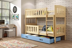 Lit ado superposé Jacquot 90X200 avec matelas et tiroir, pin/bleu