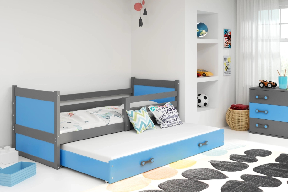 Lit ado gigogne Rico 90X200 avec matelas et tiroir, gris/bleu
