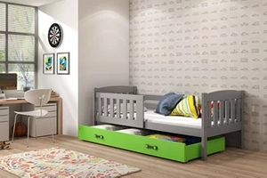 Lit enfant simple Jacquot 80X160 avec matelas et tiroir, gris/vert