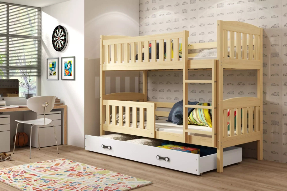 Lit ado superposé Jacquot 90X200 avec matelas et tiroir, pin/blanc