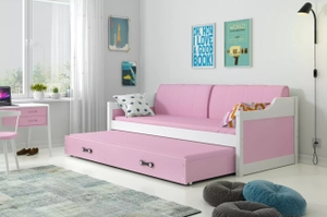Lit ado gigogne David 90X200 avec matelas et tiroir, blanc/rose