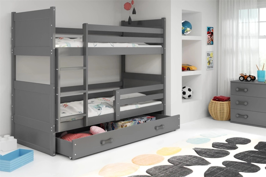 Lit ado superposé Rico 90X190 avec matelas et tiroir, gris