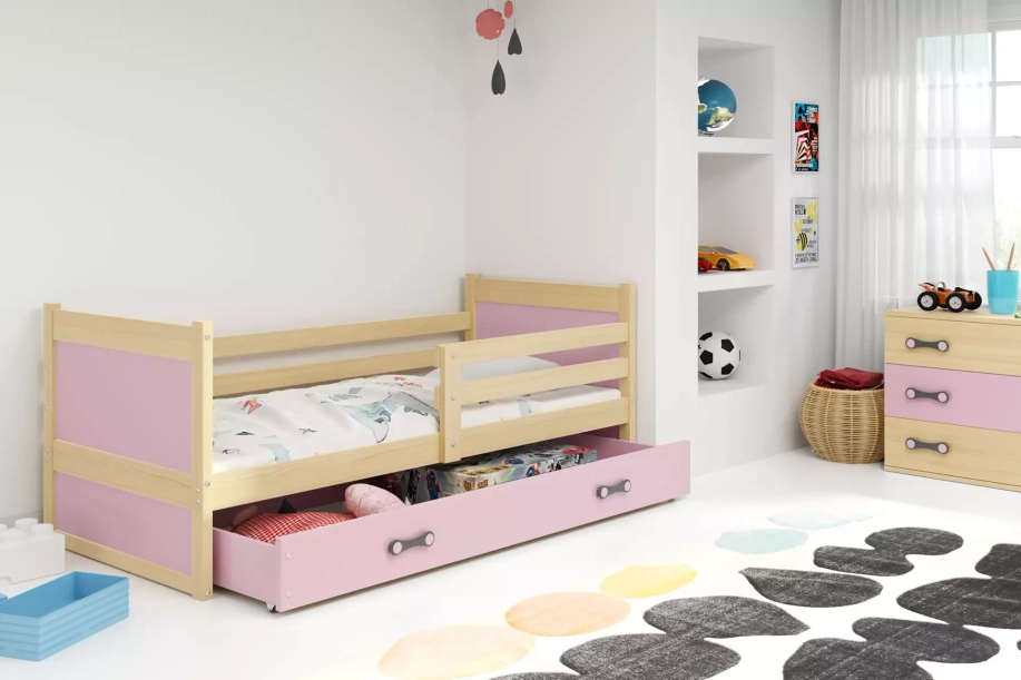 Lit ado simple Rico 90X190 avec tiroir, pin/rose
