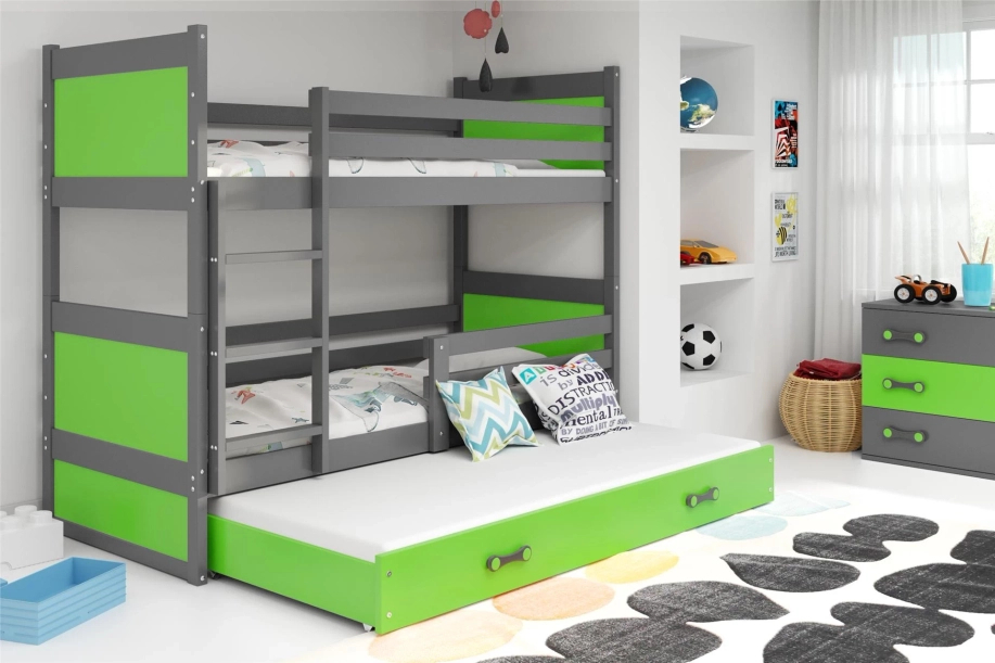 Lit ado superposé 3 places Rico 90X190 avec matelas et tiroir, gris/vert