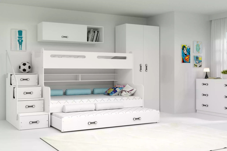 Lit ado superposé 3 places Max 3 120X200 avec matelas et tiroir, blanc