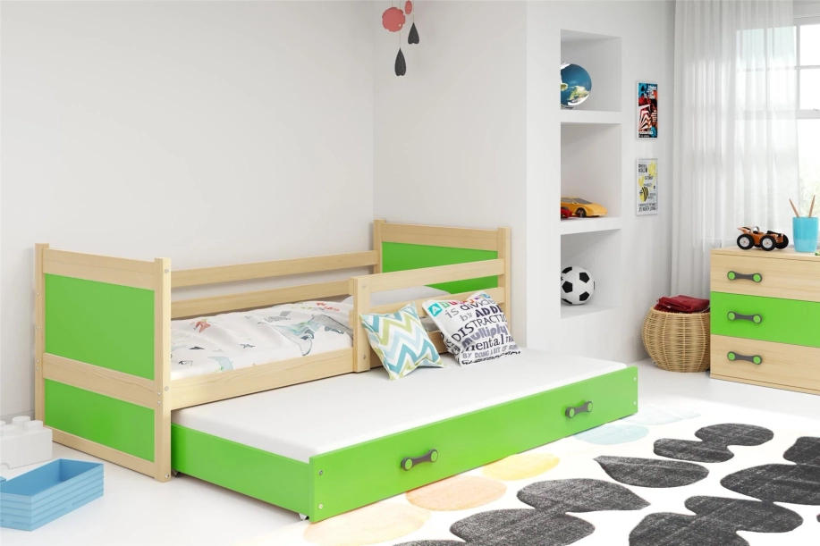 Lit ado gigogne Rico 90X190 avec matelas et tiroir, pin/vert